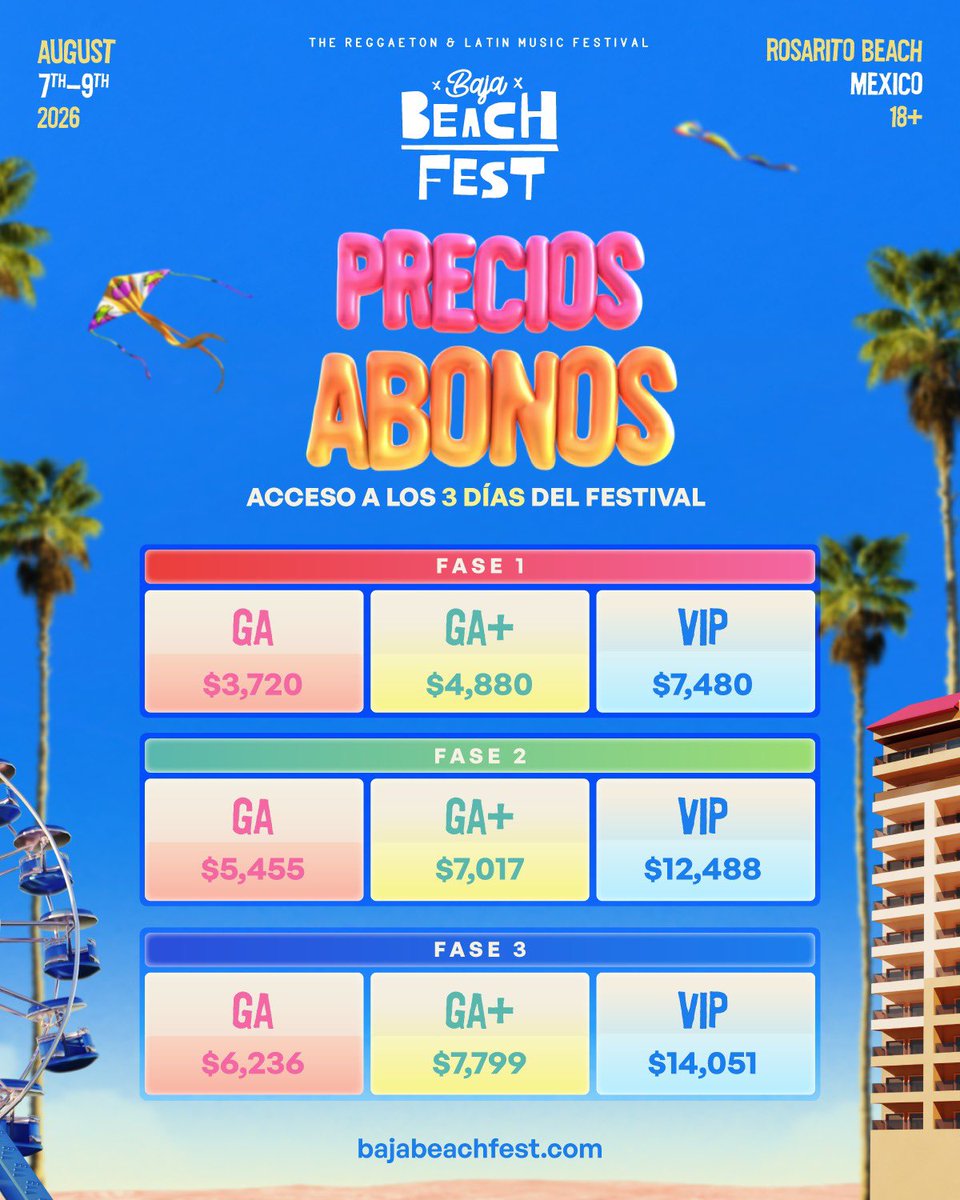 ocesa_total's tweet photo. ¡La playa nos llama! 🌴🔥 Aprovecha los precios únicos para @BajaBeachFest únicamente a través de @Ticketmaster_Me . 🎟️💦
Nos vemos en Playas de Rosarito del 7 al 9 de agosto.

https://t.co/DgHsDRU5kA https://t.co/phjvWmERQy