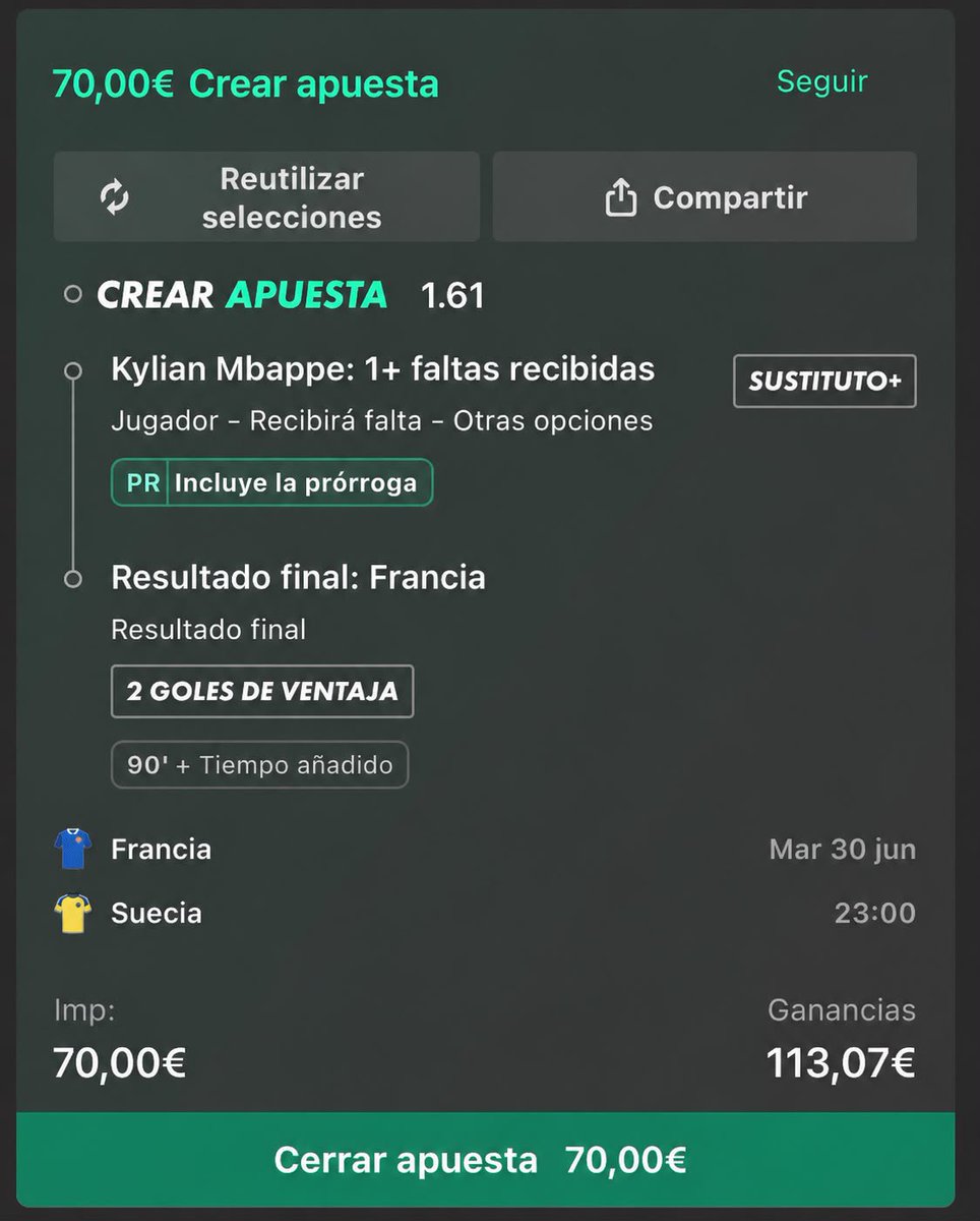 TipsNelson's tweet photo. Vamos a seguir haciendo historia señores:

🚨 PICK GRATUITO 🚨

🏆 Mundial 2026
⚽ Francia 🇫🇷 vs Suecia 🇸🇪

🎯 Kylian Mbappé 1+ falta recibida + Francia gana
📈 Cuota: 1.61
💰 Stake: 7/10

✍️ Creemos que Mbappé volverá a ser el principal foco del ataque francés y, por su velocidad y capacidad de desborde, debería provocar al menos una falta. Además, Francia parte como favorita por plantilla y nivel de juego, por lo que vemos mucho valor en su victoria.

🍀 Seguimos la racha! 💚