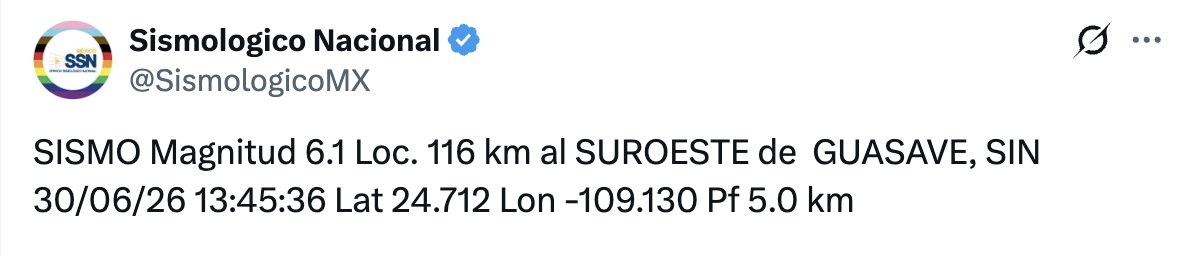 azucenau's tweet photo. 🔴Se reportó un sismo de magnitud 6.1 localizado a 116 kilómetros al suroeste de Guasave, Sinaloa.

La gobernadora interina del estado, Yeraldine Bonilla, informó que se activaron los protocolos de revisión. https://t.co/gWWSDBksaV