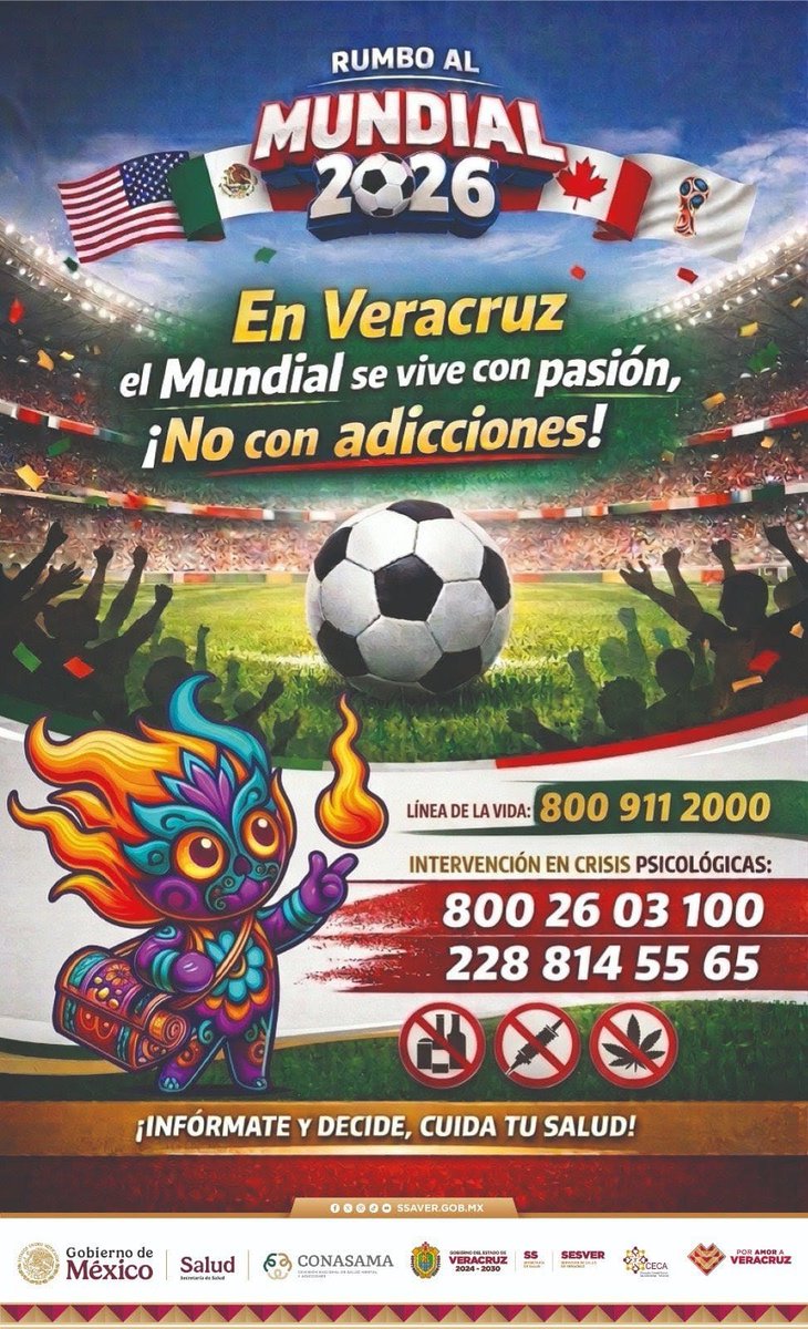 Coatza01Capa's tweet photo. En Veracruz el Mundial se Vive con pasión, 
¡ No con Adicciones!
Se un aficionado Responsable y Disfrutemos del Futbol ⚽️
#CONASAMA https://t.co/O147vqJOBY