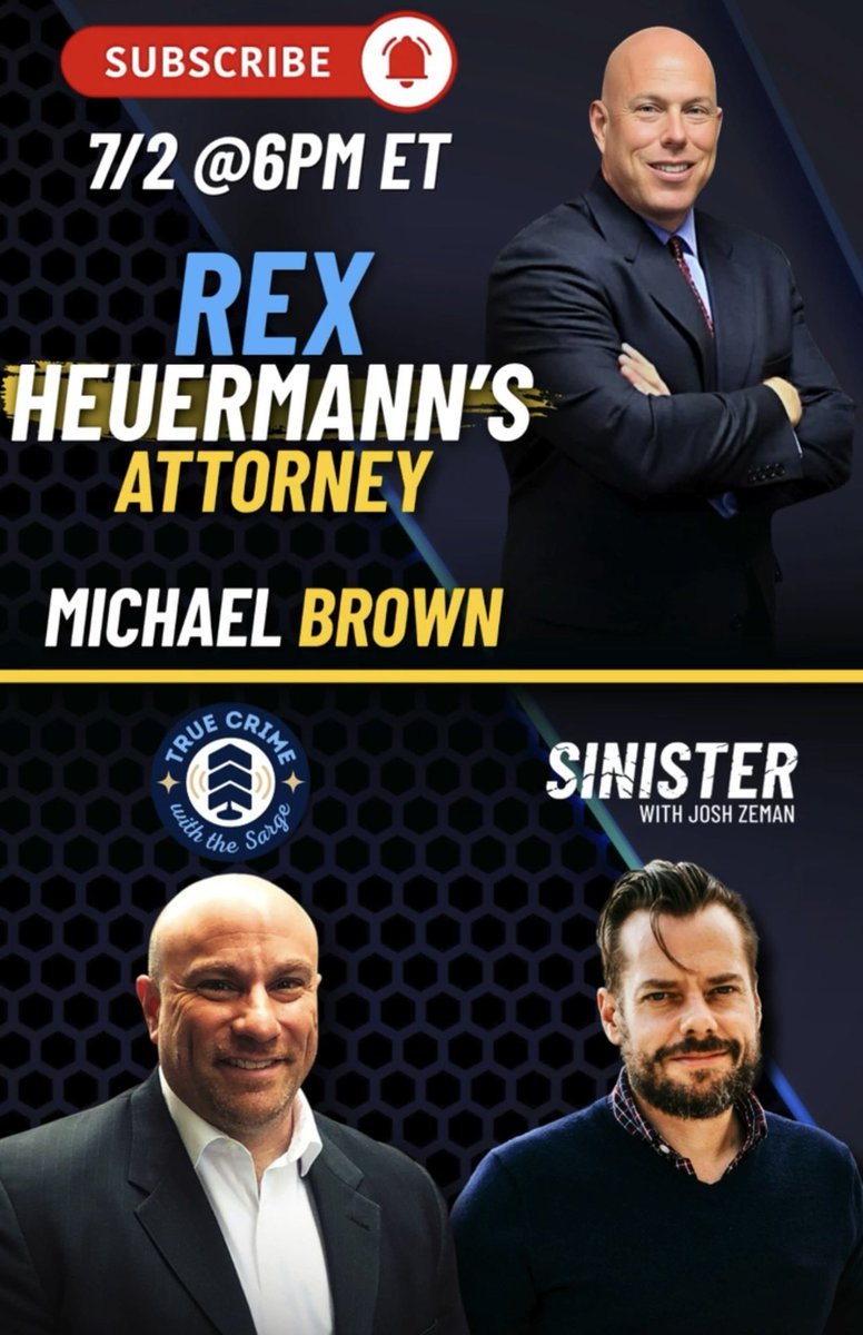 JoeGiacalone's tweet photo. 🚨Premiere: Thursday, July 2 at 6PM ET🚨
An Exclusive prerecorded interview with Rex Heuermann’s Attorney, Michael J. Brown on True Crime with the Sarge with @joshzeman of Sinister!
Link and details to be posted tomorrow evening. https://t.co/RcmuSY9g1Q