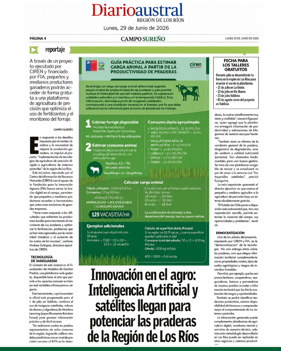 CIREN_CHILE's tweet photo. CIREN en la prensa, @diarioaustral📰🌱
La IA, drones e imágenes satelitales llegan a las praderas de Los Ríos con una plataforma gratuita desarrollada junto a @FIA_Chile , que apoyará a pequeños y medianos productores en la gestión eficiente de sus sistemas pastoriles. https://t.co/FNuyDWgjSL