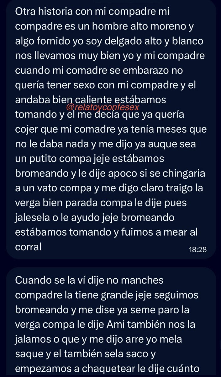 Relatoyconfesex's tweet photo. Experimentando con el compadre, de las mejores experiencias
#compadres #sexo #oral
Parte 1 https://t.co/HiKsVRnzwr