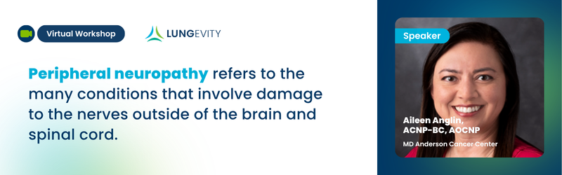 LUNGevity's tweet photo. What is peripheral neuropathy and how does it affect people living with lung cancer?

Watch our virtual workshop with @aileenbrassard, ACNP-BC, AOCNP, (@UTMDAnderson) to learn about causes and symptoms of neuropathy, treatment options, how to limit the impact of neuropathy, and more. https://t.co/wIab07OdfP