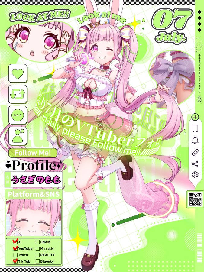 _momopyonpyon_'s tweet photo. \\✨#7月のVTuberフォロー祭り✨//

╭━━━━━━━━━━━━━━╮

  あっ。見つけてくれました⁉️😮´-

╰━━━━━━━━v━━━━━╯
そんなに時間はとらないので・・・
寄り道していきませんか？( ✋˙࿁˙ )✨️

改めまして・・・

（ｺﾞﾎﾝｯ）

ぴょっこい〜！
新人VTuberさせて頂いてます‼️
アイドルプリンセスのうさぎです🐰

《自己紹介》を書いたので、
気になってくれた方は
いいね🩷リポスト♻️フォロー
よろしくお願い致します。

🚨リスナーさん‼️拡散手伝って🚨

はじまりはじまり〜🐇⸒⸒💨

ﾁﾗｯ

🐰名前
兎姫乃もも（うさぎのもも）

🐧好きなキャラクター
・カービィ      ・あさみみちゃん
・らぶいーず 

🎨好きな色
・ピンク   ・白

🎮好きなゲーム
・龍が如く           ・ロックマン
・ボンバーマン    ・APEX
（※最近将棋もハマってます）

🎤好きな歌
・HoneyWorksさん
・ホロライブさん
・西野カナさん
・ボカロ
・アイドルソング
・浅く広くJPOP

🍴好きな食べ物
・生牡蠣   ・スッパイマン

🔪苦手な食べ物
・イナゴ

🥤好きな飲み物
・三ツ矢サイダー

🩷得意なこと
・元気でいること
・大きな声をだすこと
・PONすること
・楽しく歌うこと
・長時間寝ること（半日余裕でいけます💤）

🩵苦手なこと
自信を持って言えます。

せーのっ

   ＿人人人人人人人人人人＿ 
＞    Xの使い方（干し草）   ＜ 
   ￣Y^Y^Y^Y^Y^Y^Y^Y ￣

共感する人も多いはず…ﾀﾌﾞﾝ
苦手だけど頑張って伝えるので
いいね押してくれたらうさぎ跳びっ🐇⸒⸒

♡-------------------------------------♡

⏱ 主な配信時間  ̖́-
・平日18:00〜     【縦型歌枠】
・平日20:00〜    【ゲーム配信】
・週1.2で、          【ASMR】【企画】
・毎週日曜22:00 【メン限雑談】

♡-------------------------------------♡

／
 夢や目標聞いてくれますか？💭
＼

🫧年内の目標（簡易的に書きます）
・たくさんの経験を積む
・年内チャンネル登録1万人
・メンバーシップ100人加入
※今のところどちらも半分くらい前後なので、背中をﾄｰﾝと押してください🐰💨🫷

🫧少し先の目標
・歌枠リレーに参加する
・ゲームの大会に参加する
・ASMRの環境整備
・YouTubeで3Dライブ
・オリジナルソング制作

🫧夢
・現地で3Dのワンマンライブ
・店内BGMにオリソンが流れる
・定期でゲームの大会を主催する
・ASMRのシチュエーションボイスを販売したり声やセリフメインの案件を頂く
・“兎姫乃もも”という名前をいろんな世界の人に知って頂く

これから色んなことに触れ経験していく中で、気持ちの変化や考え方の変化はあると思いますが、上記のようなことを目標や夢に日々励んでいます。

♡-------------------------------------♡

最後まで読んで頂きありがとうございました✨️

/／
 🍑兎姫乃もも
 🐰うさぎのもも
 🪐ウサギノモモ
 🍑ｳｻｷﾞﾉﾓﾓ
 🐰 Usagino Momo
 🪐𝒰𝒮𝒜𝒢ℐ𝒪 ℳ𝒪ℳ𝒪
\＼

名前だけでも覚えて頂けたら嬉しいです🫧

あ、話変わるんですけど来週ホラゲーやるのでビビってますみなさん怖いのは得意ですか？ももは苦手です👻