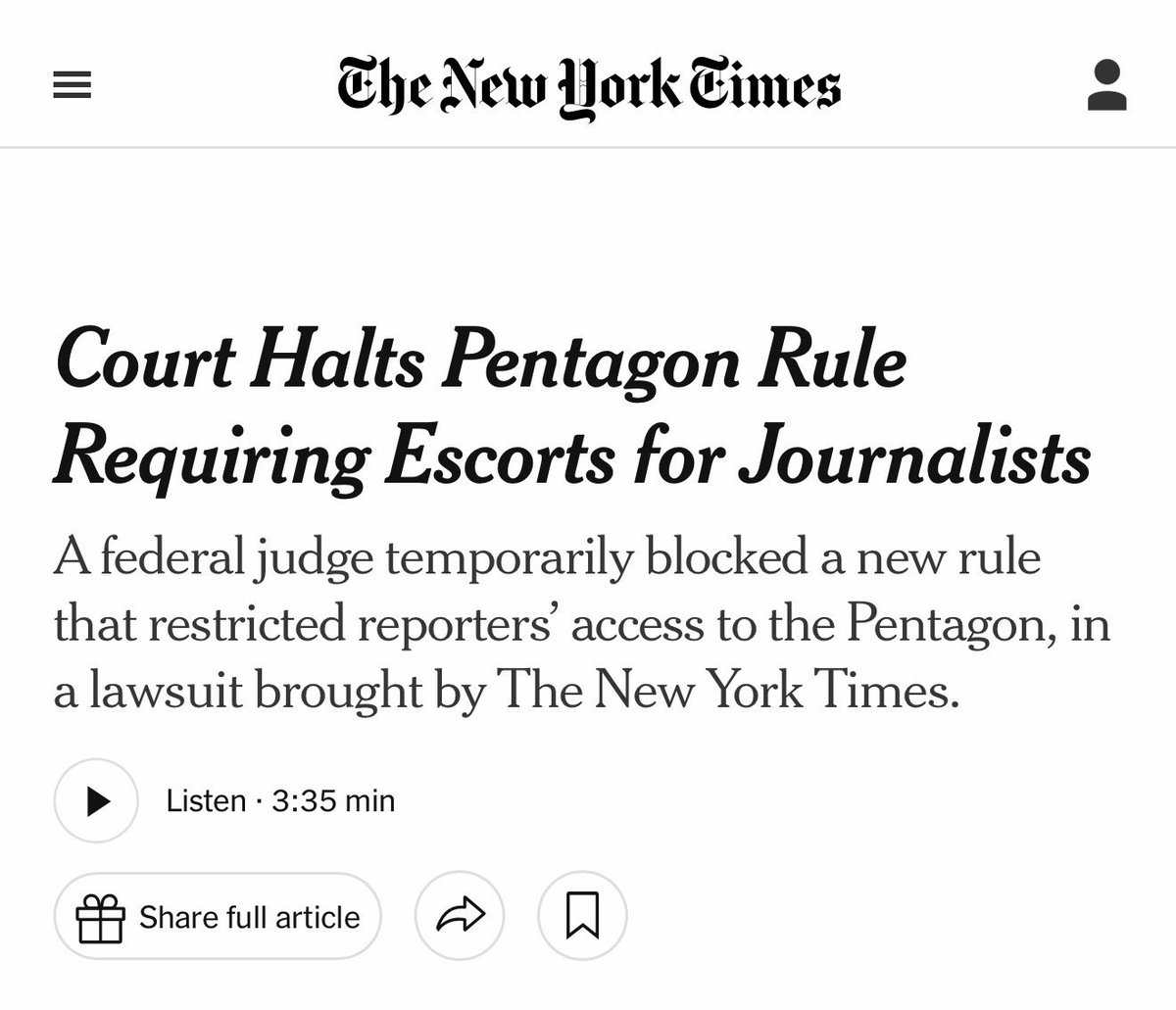 SeanParnellASW's tweet photo. STATEMENT:

The Department strongly disagrees with today’s decision. This ruling strips away reasonable security measures and will make it easier for sensitive and classified information to reach our adversaries.
 
Unescorted access to the Pentagon allowed journalists to observe activity patterns and develop relationships that contributed to repeated unauthorized disclosures of operational plans and intelligence. The court’s order effectively restores that risky environment at a time when protecting our military’s secrets is more critical than ever.
 
The Department has a duty to safeguard classified information and our warfighters. We will appeal this decision in order to restore the Department’s ability to secure the Pentagon Reservation and prevent further harm to national security.
