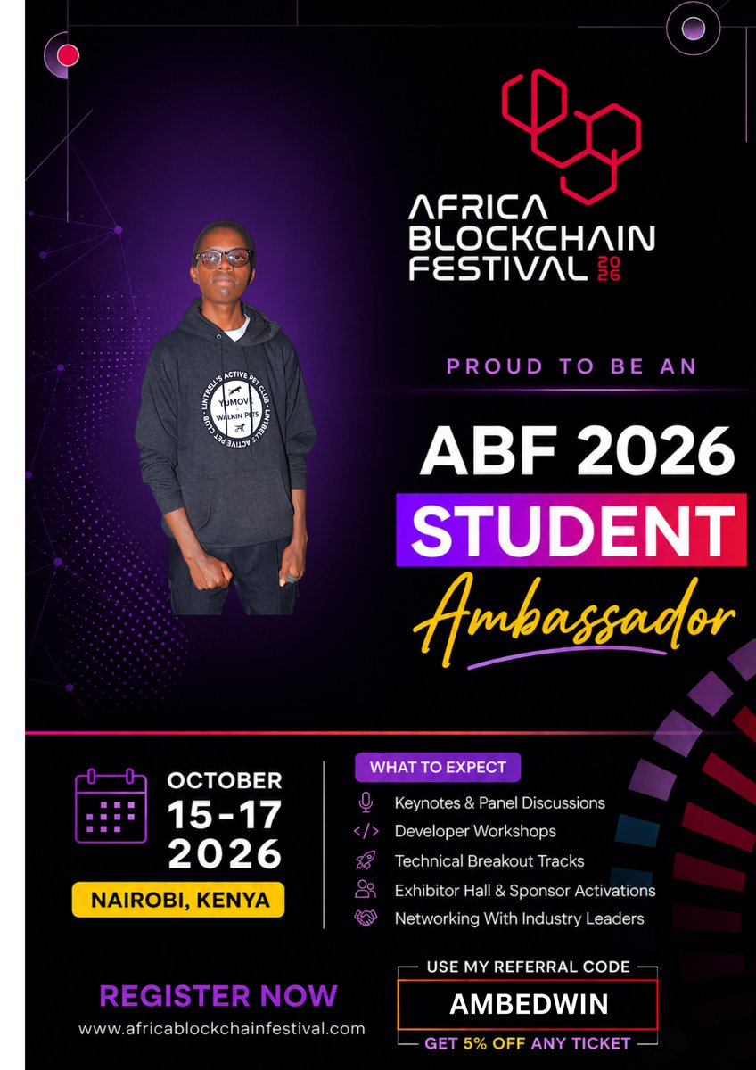 The_Son_Listen's tweet photo. Thrilled to be selected as an Official Student Ambassador for Africa Blockchain Festival 2026! 

I'll be helping grow blockchain awareness and connect more students and builders to Africa's biggest blockchain event.

📍 Nairobi, Kenya
🗓️ Oct 15–17, 2026 https://t.co/G3wJioIvE5