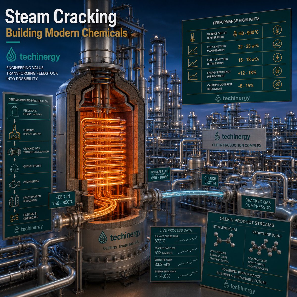 techinergy's tweet photo. Steam cracking transforms hydrocarbon feedstocks into the building blocks of modern manufacturing.

Higher efficiency and better product recovery continue driving petrochemical innovation.

Excellence Driving The Future.

#techinergy #SteamCracking #Ethylene #PetrochemicalEngineering #Olefins #Petrochemical #Technology #Innovation #Engineering #Manufacturing #Industry #Chemicals #ProcessEngineering #Hydrocarbons #Energy #OilAndGas #Performance #Operations #IndustrialTechnology #Future #Global #Development #Refining #ProcessInnovation #Business #India #EngineeringExcellence #Productivity #Efficiency #Science