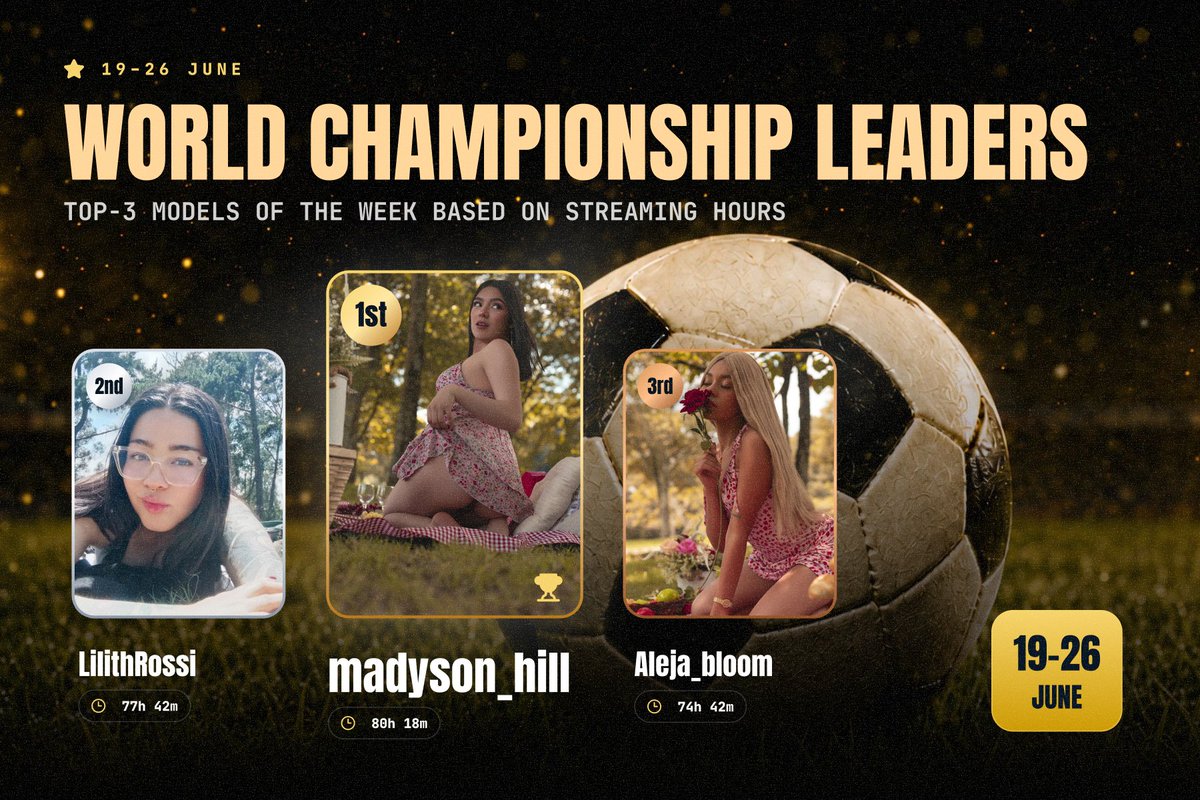 DreamCamVR's tweet photo. Week 2 of the World Championship is in the books and the leaderboard is heating up! 🔥 

Here is our new Top 3:

​🥇 madyson_hill — 80h 18m
🥈 LilithRossi — 77h 42m
🥉 Aleja_bloom — 74h 42m

​Keep streaming to climb the ranks! ⚽ https://t.co/oxZ8VlGYTg