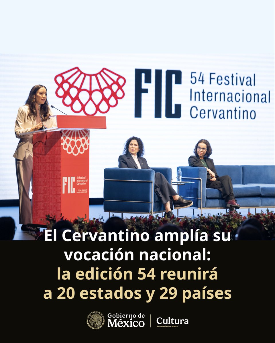 ccurieldeicaza's tweet photo. La edición 54 del Festival Internacional @cervantino fortalece la presencia nacional con 20 estados participantes, quienes mostrarán, desde una pluralidad de expresiones, que la riqueza cultural del país se construye en los territorios.

Del 3 al 18 de octubre en Guanajuato, el FIC contará con 212 funciones a cargo de 2,746 creadoras y creadores artísticos: 2,206 nacionales y 540 internacionales.  

Con la presencia de 29 países, el festival mantiene su vocación como un espacio para que el arte circule, se amplíe la mirada, y se fortalezcan los derechos culturales. 

@cultura_mx @gobgente