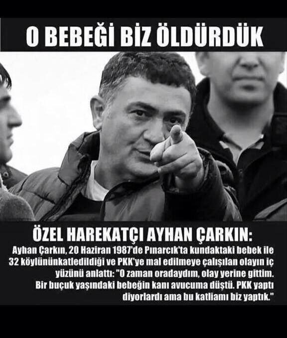 Unamattiinaa's tweet photo. Bunları daha çok konuşmalıyız:

Kızıltepe: PKK dendi, JİTEM çıktı.
Şemdinli: PKK dendi, JİTEM çıktı.
Ceylanpınar: PKK dendi, kumpas çıktı.
Dargeçit: PKK dendi, jandarma/JİTEM çıktı.
Gazi Mahallesi: PKK dendi, derin devlet çıktı.
Uğur Mumcu: Önce PKK dendi, radikal dinci örgütler çıktı.
Roboski: PKK dendi, TSK savaş uçakları çıktı.

Kuşkonar, Lice, Görümlü, Muş, Eruh ve daha niceleri…