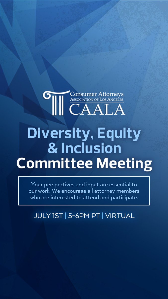 CAALA_org's tweet photo. CAALA's DEI Committee meets on the first Wednesday of every month to advance equity and inclusion across our community.

Join us on Wednesday, July 1, from 5:00 - 6:00 PM PT via Zoom. All attorney members interested in participating are welcome to attend.

Register through the https://t.co/Mo0SLX3RfM