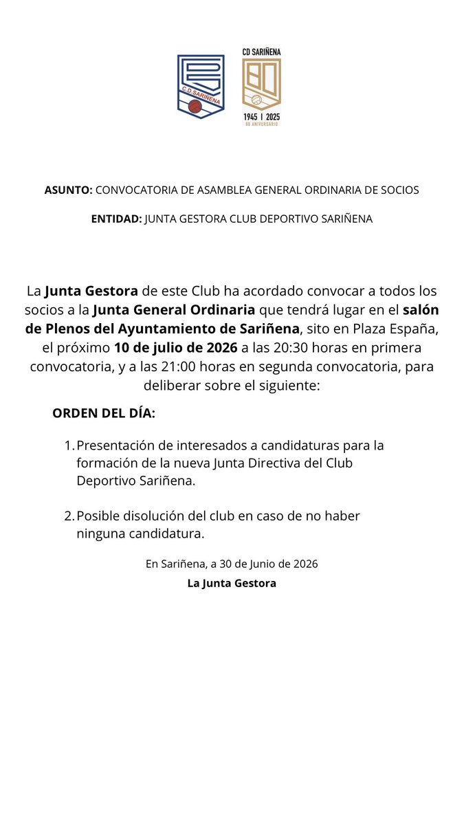 CDSarinena's tweet photo. 🔊 𝘾𝙊𝙉𝙑𝙊𝘾𝘼𝙏𝙊𝙍𝙄𝘼 𝘼𝙨𝙖𝙢𝙗𝙡𝙚𝙖 𝙂𝙚𝙣𝙚𝙧𝙖𝙡 𝙤𝙧𝙙𝙞𝙣𝙖𝙧𝙞𝙖 𝙙𝙚 𝙨𝙤𝙘𝙞𝙤𝙨
📍 Salón de Plenos Ayuntamiento de Sariñena, Plaza España.
📅 10 Julio https://t.co/WaGfeO21PW
