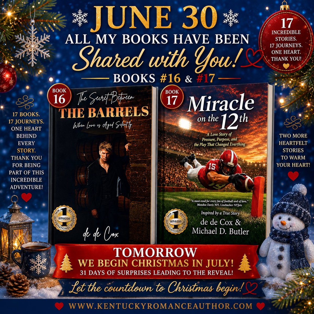 dedeCox18233802's tweet photo. The last 2 books before we begin 31 days / songs / surprises / reveals of Christmas in July - just like Hallmark!!
These last two books were done so close together.
#christmasinjuly #dedecox #kentuckyromanceauthor #BeyondPublishing #nyjets https://t.co/oet7uVGnnn