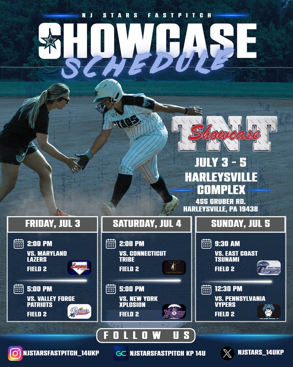 Njstars_14uKP's tweet photo. Our schedule for the TNT Showcase
Come check us out!!!
🥎TNT Showcase
🗓️ 7/3-7/5
📍Harleysville Complex 
@stars_FPNJ @coach_kp_stars @starsnationalfp https://t.co/6cPCY70fgG