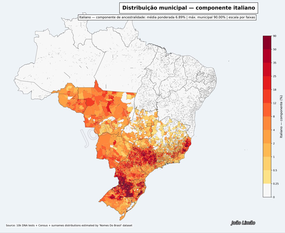 GeneticaBRZ's tweet photo. Estimated distribution of Italian ancestry in Brazil https://t.co/IR1u0wN84O