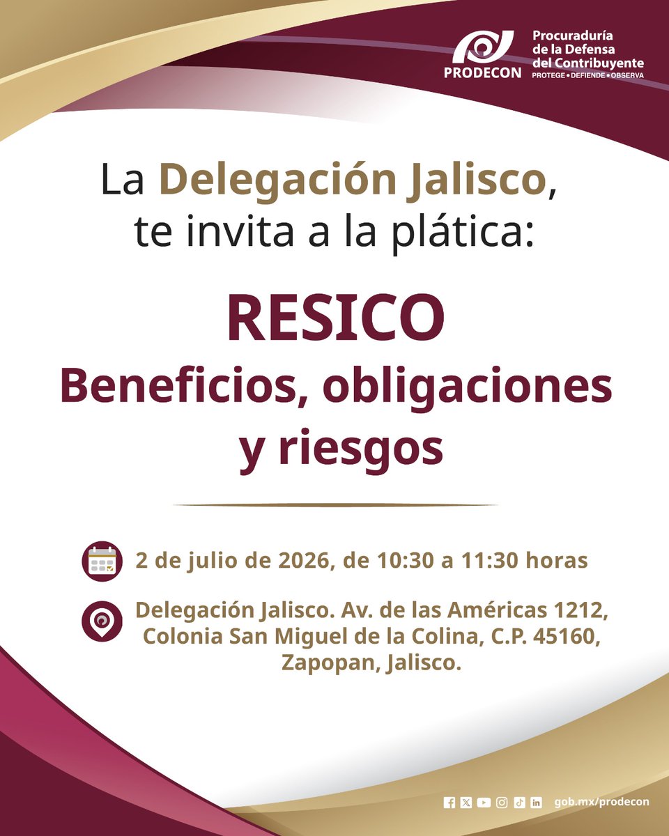 ProdeconMexico's tweet photo. 📣 ¡Atención, personas contribuyentes de Jalisco!

Como parte del proyecto Empoderamiento Fiscal, #PRODECON te invita a participar en una sesión informativa sobre RESICO, un régimen fiscal de gran relevancia para las personas contribuyentes. 💡📄

✅ Conoce sus principales características
✅ Resuelve tus dudas
✅ Obtén información útil para el cumplimiento de tus obligaciones fiscales

📅 02 de julio

📍 Delegación Jalisco
Av. de las Américas 1212, Col. San Miguel de la Colina, C.P. 45160, Zapopan, Jalisco.

🕥 Horario: 10:30 a 11:30 horas.

🟢 Entrada libre

✨ ¡Te esperamos para fortalecer juntos tu conocimiento fiscal!

#PorTiEstamosAquí