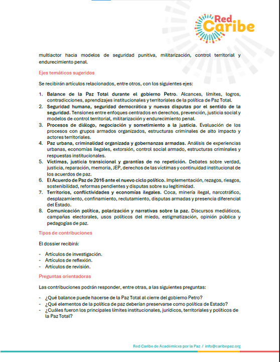 CaribePaz's tweet photo. La Red y la Revista Encuentros lanzan la convocatoria del Dossier "Paz Total, transición política y disputas por el futuro de la paz en Colombia" a publicarse en diciembre de 2026.

Plazo para enviar manuscritos: septiembre 30 de 2026

Más información: https://t.co/8WmPzzAeHY https://t.co/XX0AomJXkN