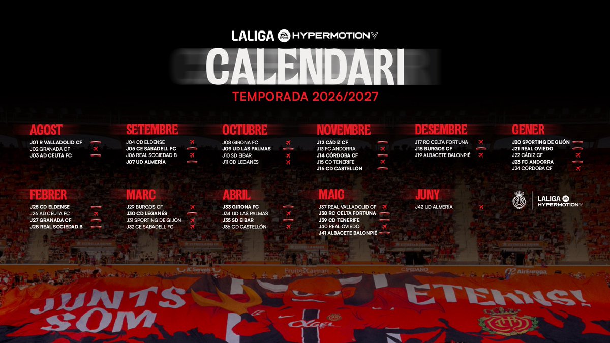 RCD_Mallorca's tweet photo. 🗓️ 𝗖𝗮𝗹𝗲𝗻𝗱𝗮𝗿𝗶 𝗱𝗲 @LaLiga2 ❤️🖤

Estrenarem la temporada 26/27 a l’Estadi Mallorca Son Moix 🆚 @realvalladolid ❤️‍🔥 https://t.co/48gI9xKoZw