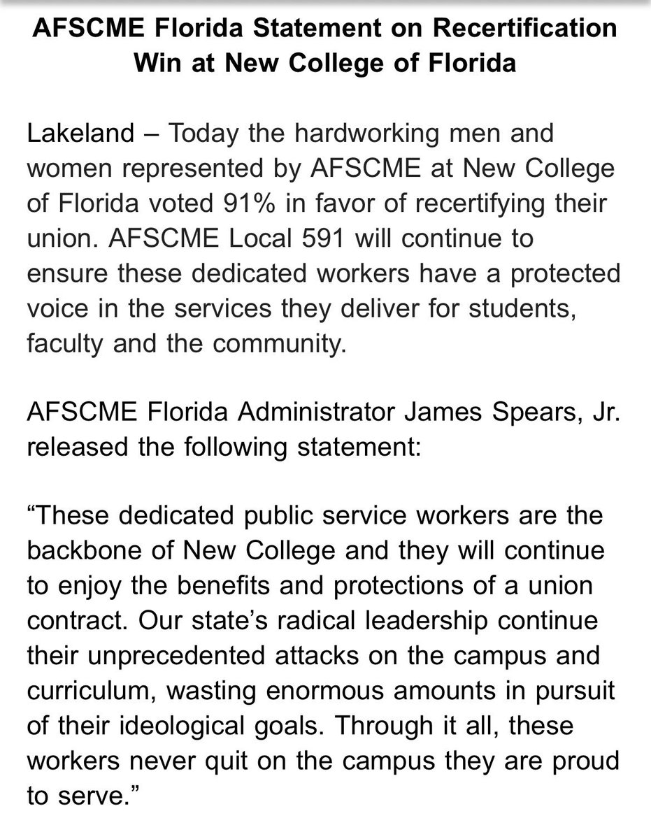 SheCarriesOn's tweet photo. FYI: Unions still exist at Florida’s New College @AFSCMEFL in spite of efforts by the state to eliminate them

(A faculty union @UnitedFacultyFL is still certified on campus, too, despite the exodus of professors since DeSantis’s hostile takeover of the liberal arts college) https://t.co/FZA7kznOlh