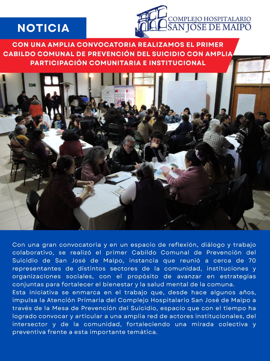 chsjm's tweet photo. 🧠💙 ¡Juntos construimos una comunidad que cuida la vida!

Con una gran convocatoria se realizó el Primer Cabildo Comunal de Prevención del Suicidio en San José de Maipo, reuniendo a cerca de 70 representantes de diferentes organizaciones https://t.co/e0dvpuvewV