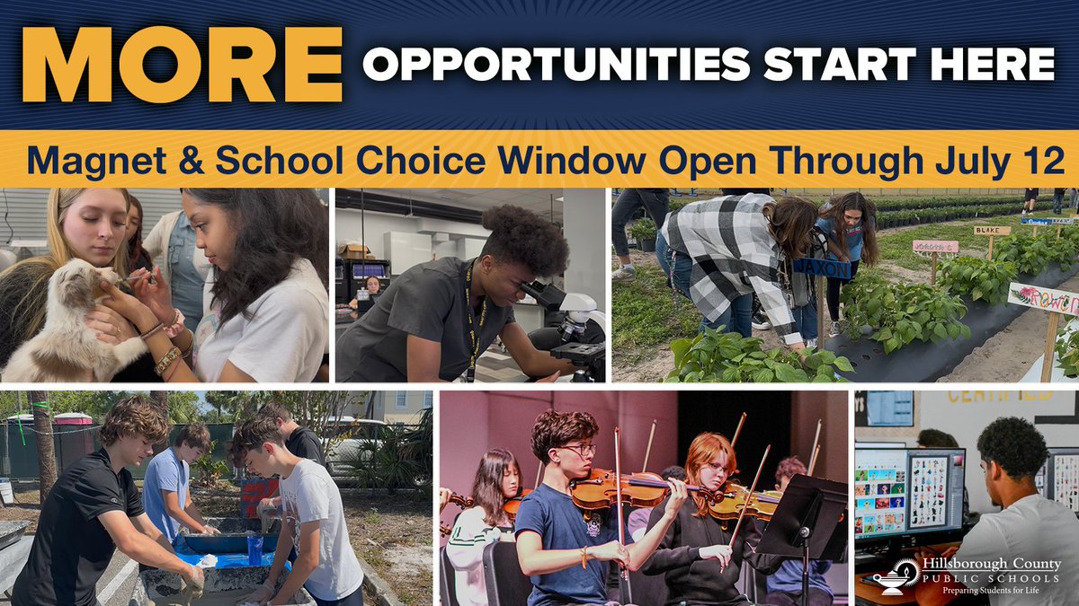 HillsboroughSch's tweet photo. Now Open – More Opportunities Start Today
📢 Now Open! Families can now apply for the 2026–2027 Magnet & School Choice programs, including full‑time Hillsborough Virtual School. From STEM to the arts to flexible virtual learning, our district offers unmatched opportunities that help students discover their passions and build their futures.

⏰ Apply before the window closes: https://t.co/68Ujr0qlKJ