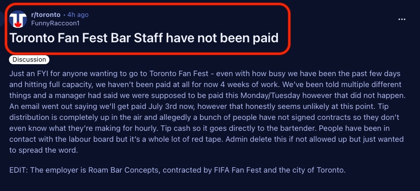 ShaziGoalie's tweet photo. Canada's economy has reached the point where we're seeing repeated allegations of people working and not getting paid.

The latest claim comes from Toronto's FIFA Fan Fest, where a worker alleges staff have gone four weeks without receiving wages.

If these allegations are true, someone needs to answer for it.
