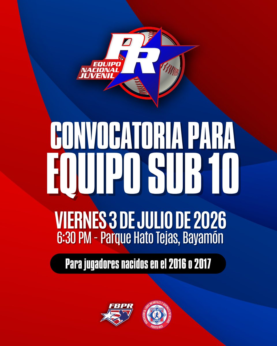 BeisbolPR's tweet photo. Atención, padres y encargados:

La Federación de Béisbol de Puerto Rico convoca a jugadores elegibles para integrar el Equipo Nacional Sub 10.

#BéisbolJuvenil #FBPR https://t.co/ANMWUlnzdW