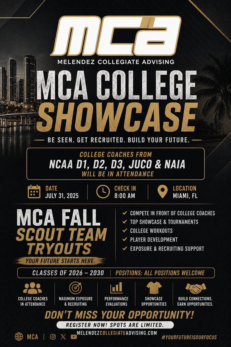 MelendezCollAdv's tweet photo. WE'RE BACK!!!! Sign up today for our Summer College Showcase. This year we will also use it as our MCA Scout Team Tryouts. See you there! https://t.co/udXsLAATke