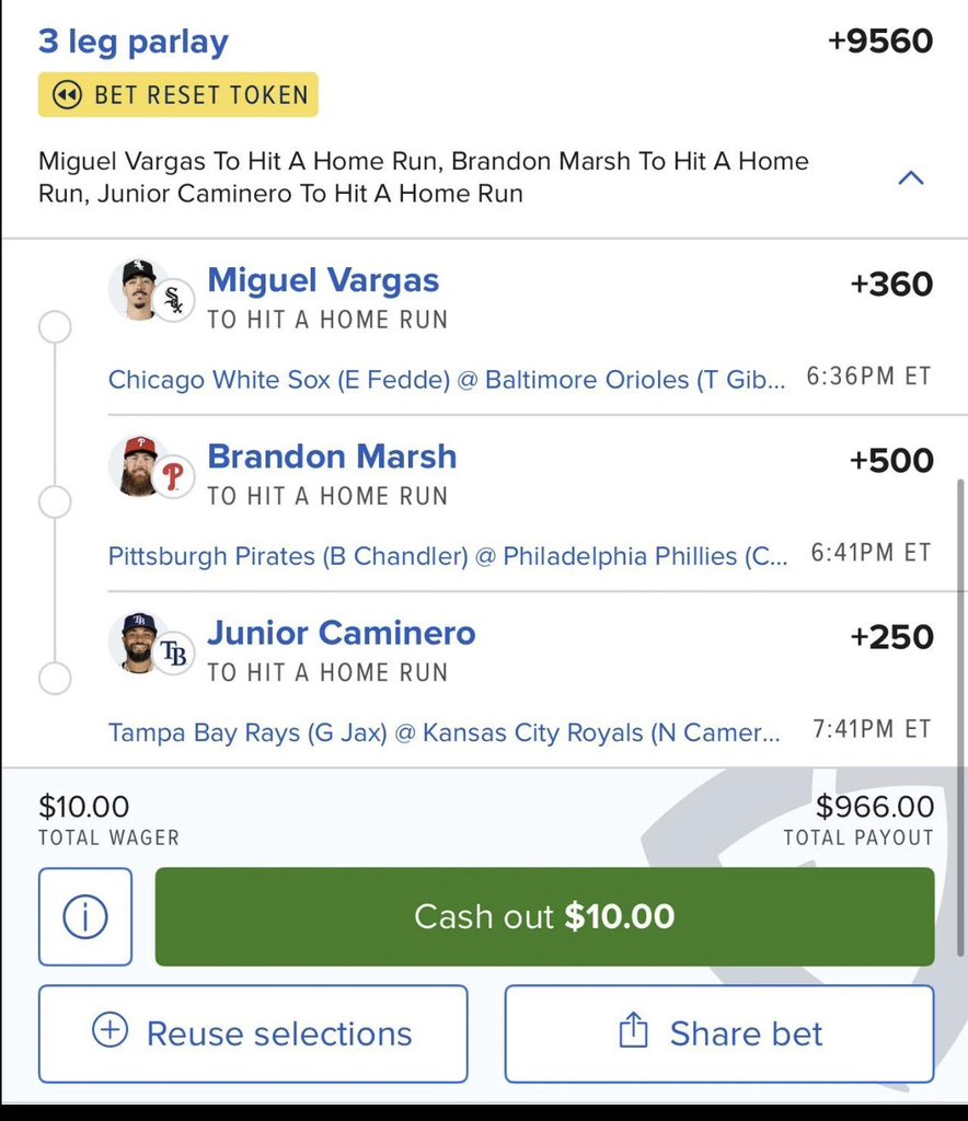 FcSlips's tweet photo. Loaded up a 3-leg HR parlay 

Big odds, bigger payout 💰

Now we wait… ⚾️👀
@Playbook https://t.co/liJEnf8Q9q