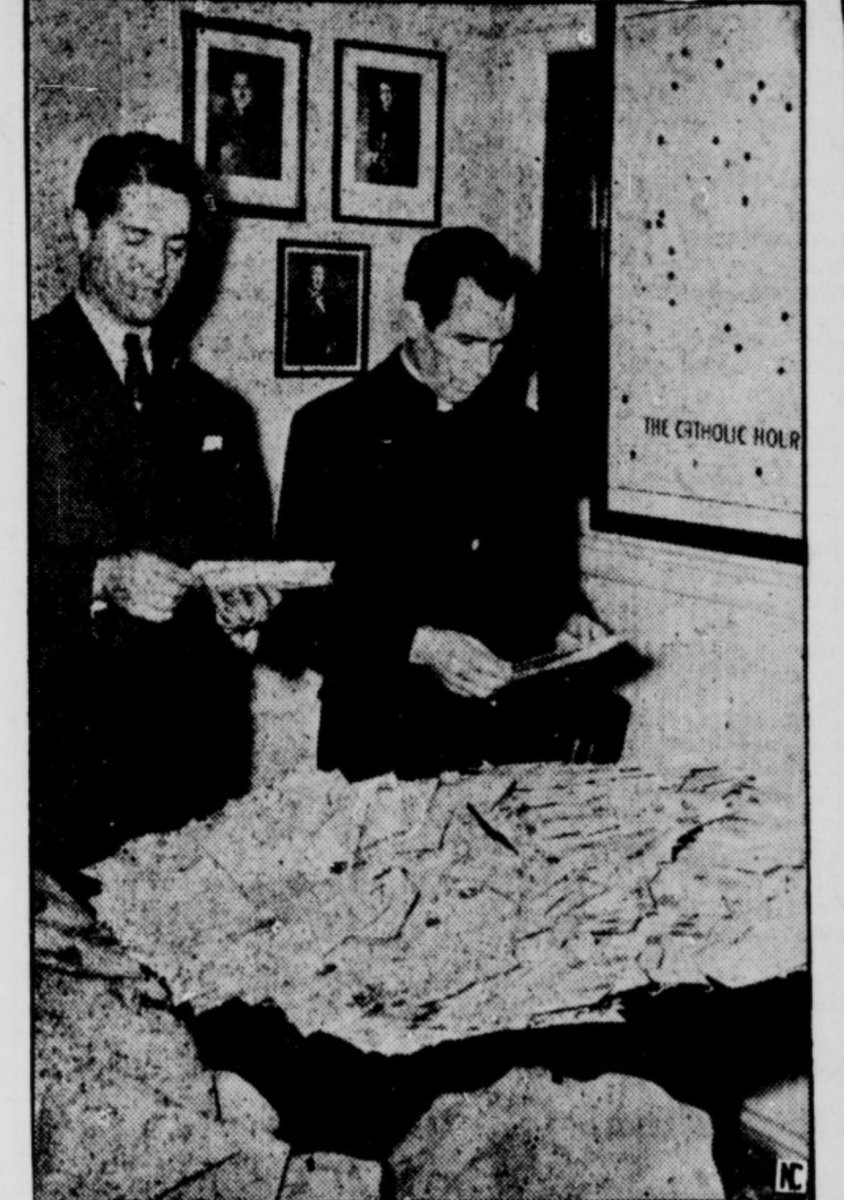 MikeFeuz's tweet photo. Great-grandpa Ted opening mail with Venerable Fulton Sheen.

Fulton Sheen baptized grandma so we remind her that she’s a third class relic https://t.co/c9COVjmt2E