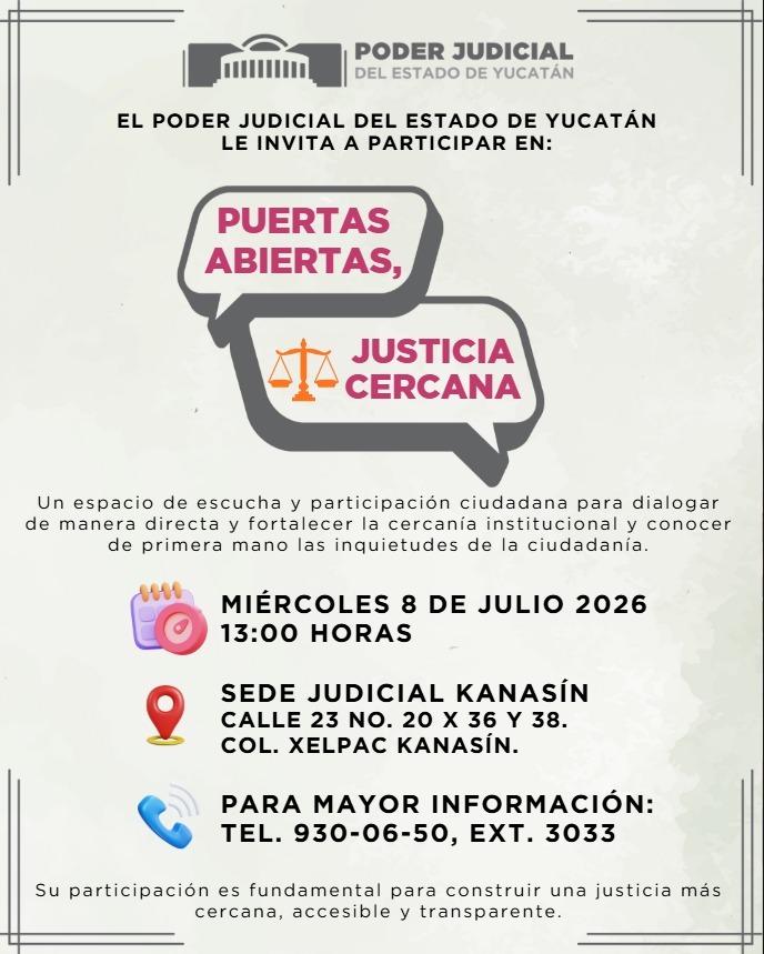 PJYucatan's tweet photo. Con el propósito de fortalecer el diálogo directo con la ciudadanía, el Poder Judicial del Estado de Yucatán invita a participar en una nueva jornada de “Puertas Abiertas, Justicia Cercana”. https://t.co/2splS3JvIq