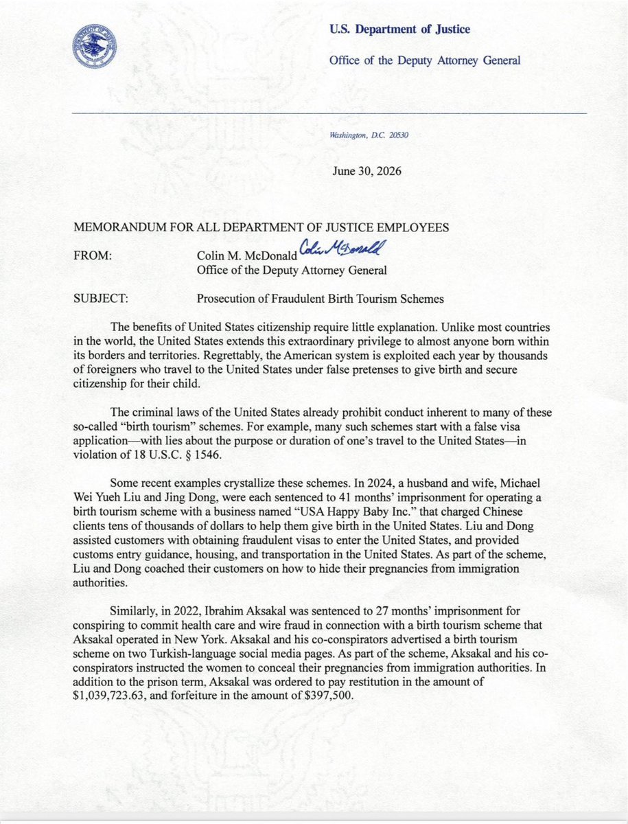 TheJusticeDept's tweet photo. Memorandum for DOJ Employees on Prosecution of Fraudulent Birth Tourism Schemes from Assistant Attorney General Colin McDonald ⬇️ https://t.co/hoilA5o2TE