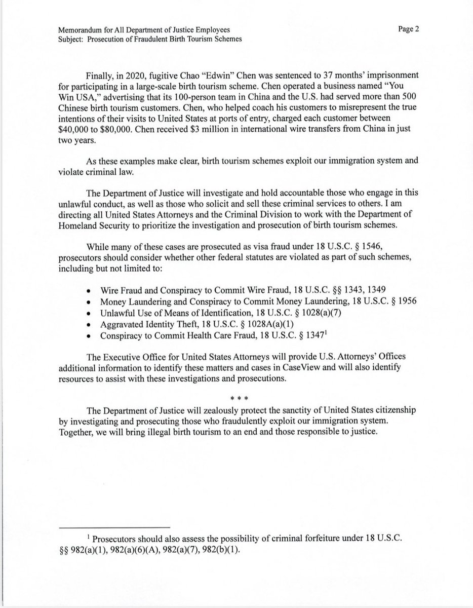 TheJusticeDept's tweet photo. Memorandum for DOJ Employees on Prosecution of Fraudulent Birth Tourism Schemes from Assistant Attorney General Colin McDonald ⬇️ https://t.co/hoilA5o2TE