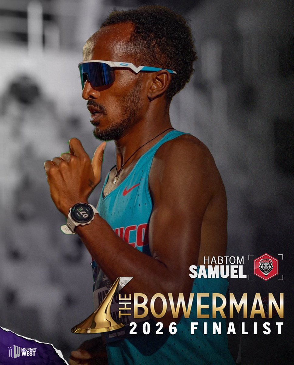 MountainWest's tweet photo. 𝘿𝙤𝙬𝙣 𝙩𝙤 𝙏𝙃𝙍𝙀𝙀 👀

@UNMLoboXCTF's Habtom Samuel is the first @thebowerman men's FINALIST in New Mexico history 🔥

Fan vote is now open until July 2 ↩️  https://t.co/LAzDN8cs4S

Winner announced at the annual The Bowerman Presentation in December! 

#MWOTF | #GoLobos https://t.co/Ve44CCUeoj
