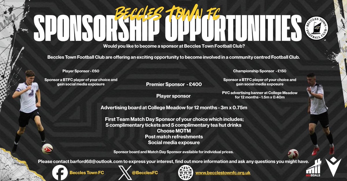 BecclesFC's tweet photo. Sponsorship Opportunties ||
Beccles Town Football Club are dedicated to engaging with the local community to promote all businesses and companies.
Please see our Sponsorship Opportunities below including an exciting new initiative - Premier Sponsor.
#BTFC #OurClub ⚫️⛵️⚪️ https://t.co/xhlaCl2k6l