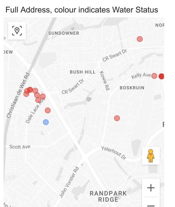 lidijawho's tweet photo. @JHBWater @SchoemanJa30943 @JHBWater Many areas still without water. Jan Frederick, Pongola, Koekoek, Manor Park, and more areas in and around Randpark Ridge. See photo. Please can we receive an update &amp; can this be escalated? https://t.co/B8iuzc1Fad