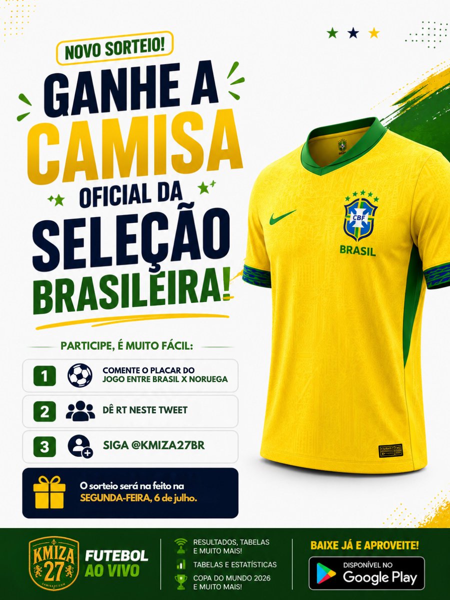 Kmiza27br's tweet photo. Vamos sortear uma CAMISA OFICIAL DO BRASIL pra vocês!

Para participar:
- Siga @Kmiza27br
- Dê RT neste tweet
- Comente o seu placar de Brasil 🇧🇷 x Noruega 🇳🇴
- Pronto, já está participando.

➡️ Sorteio será na SEGUNDA-FEIRA
Boa sorte! 🫡🇧🇷 https://t.co/rtjnZiRSUg