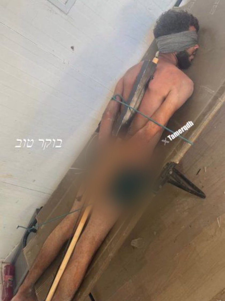 EyeonPalestine's tweet photo. A widely circulated image published by Israeli media shows a Palestinian man detained in the Gaza Strip, bound and blindfolded in an extremely harsh and degrading manner. https://t.co/p9IO2g24m5