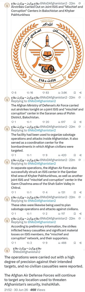 AfghanAnalyst2's tweet photo. 𝗧𝗮𝗹𝗶𝗯𝗮𝗻 𝗠𝗶𝗻𝗶𝘀𝘁𝗿𝘆 𝗼𝗳 𝗗𝗲𝗳𝗲𝗻𝗰𝗲 𝗖𝗹𝗮𝗶𝗺𝘀 𝗠𝘂𝗹𝘁𝗶𝗽𝗹𝗲 𝗗𝗿𝗼𝗻𝗲 𝗦𝘁𝗿𝗶𝗸𝗲𝘀 𝗔𝗰𝗿𝗼𝘀𝘀 𝗕𝗮𝗹𝗼𝗰𝗵𝗶𝘀𝘁𝗮𝗻 𝗮𝗻𝗱 𝗞𝗣𝗞 𝗔𝗴𝗮𝗶𝗻𝘀𝘁 𝗜𝗦𝗞𝗣 𝗮𝗻𝗱 "𝗺𝗶𝘀𝗰𝗵𝗶𝗲𝗳 𝗮𝗻𝗱 𝗰𝗼𝗿𝗿𝘂𝗽𝘁𝗶𝗼𝗻"
The Taliban's Ministry of Defence released details of the drone strikes carried out on Tuesday evening in Pakistan's Balochistan and Khyber Pakhtunkhwa provinces. According to the ministry, Taliban drones struck what it described as a joint Islamic State Khorasan Province (ISKP) and "mischief and corruption" facility in the Saranan area of Pishin District, Balochistan, alleging the site was used to plan attacks inside Afghanistan and coordinate operations linked to recent cross-border bombardments.
The ministry also claimed that separate drone strikes targeted an alleged ISKP facility in the Qamber Khel area of Khyber Pakhtunkhwa and another joint ISKP and "mischief and corruption" camp in the Garm Chashma area of the Shah Salim Valley in Chitral. These claims have not been independently verified.