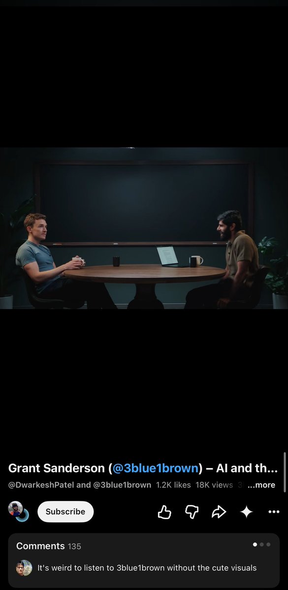 Dis_Trackted's tweet photo. I see @3blue1brown, I click. 

I also enjoy hearing opinions on AI from people with related theoretical expertise but without the incentive to hype a SaaS product. https://t.co/RbTiufTkz9