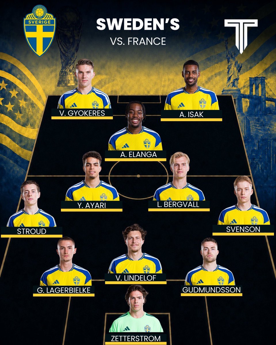 Statcomp7's tweet photo. 🚨 𝗢𝗙𝗙𝗜𝗖𝗜𝗔𝗟: Sweden XI in the World Cup Round of 32 vs. France! 🇸🇪💫@TouchlineX https://t.co/pDTfIMEUby