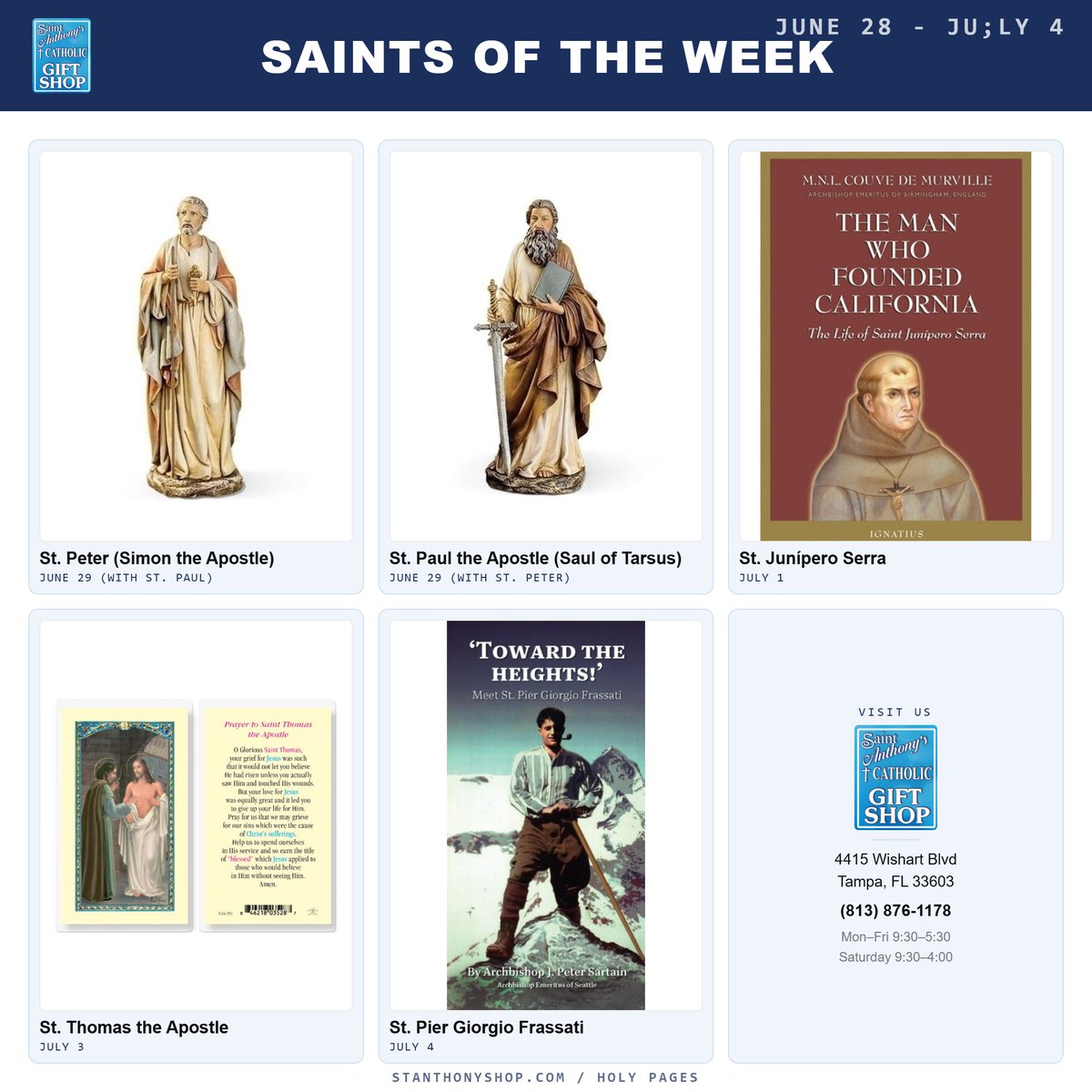 StAnthonyShop's tweet photo. ✝️ Celebrate the Saints on their Feast Days!! (1/2)

St. Peter, June 29
St. Paul, June 29
St. Junípero Serra, July 1

#StPeter #StPaul #StJuniperoSerra 

🙏 And God Bless the USA!! 🇺🇸

Reminder: St. Anthony's is Closed this week for Vacation. Orders will begin processing July 6. https://t.co/7v8ps8U7Rr