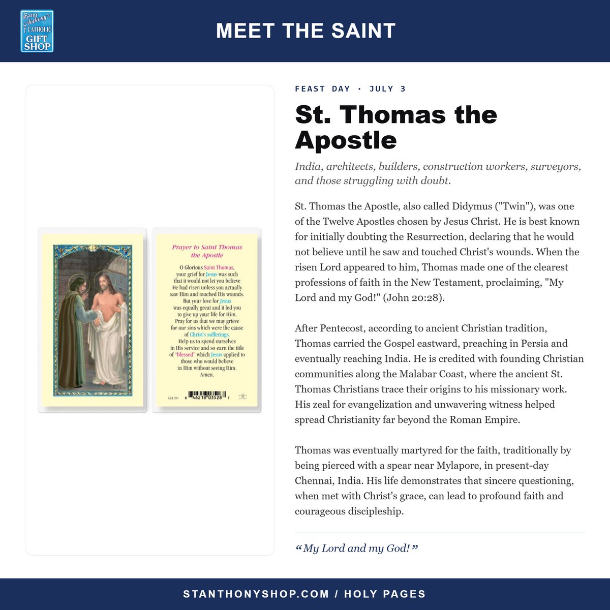 StAnthonyShop's tweet photo. ✝️ Celebrate the Saints on their Feast Days!!

St. Thomas the Apostle, July 3
St. Pier Giorgio Frassati, July 4

#StThomasTheApostle #StPierGiorgioFrassato

🙏 And God Bless the USA!! 🇺🇸

Reminder: St. Anthony's is Closed this week for Vacation. Orders resume processing on July 6 https://t.co/H2wZVxS092