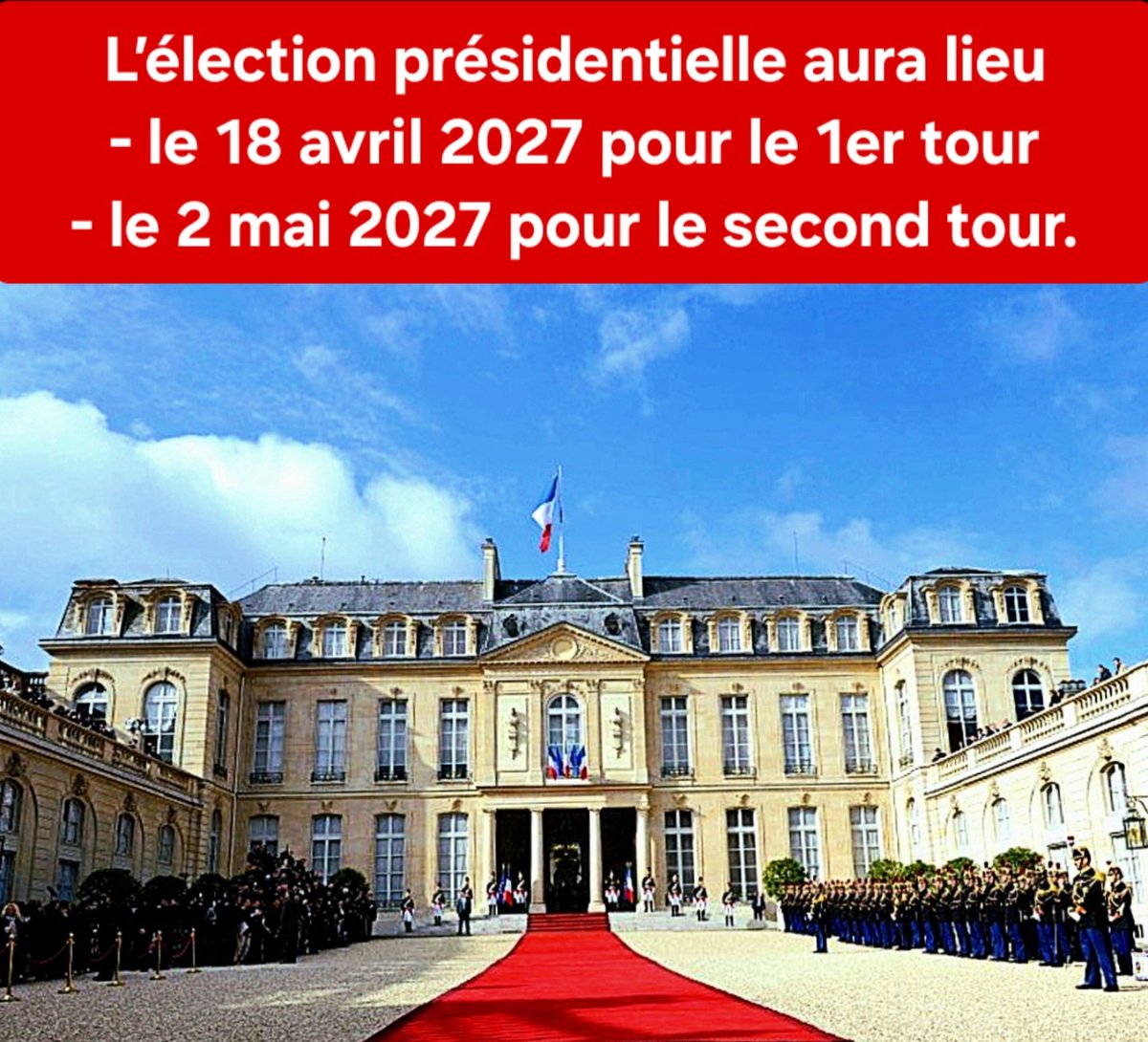 f_asselineau's tweet photo. ⚠️ 𝗟𝗘𝗦 𝗗𝗔𝗧𝗘𝗦 𝗗𝗘 𝗟'𝗘́𝗟𝗘𝗖𝗧𝗜𝗢𝗡 𝗣𝗥𝗘́𝗦𝗜𝗗𝗘𝗡𝗧𝗜𝗘𝗟𝗟𝗘 𝗦𝗢𝗡𝗧 𝗘𝗡𝗙𝗜𝗡 𝗙𝗜𝗫𝗘́𝗘𝗦 :
𝟭𝟴 𝗮𝘃𝗿𝗶𝗹 𝗲𝘁 𝟮 𝗺𝗮𝗶 𝟮𝟬𝟮𝟳
Le 2e tour prendra donc place le lendemain du 1er mai, jour traditionnel des grandes manifestations des partis de gauche et des syndicats.