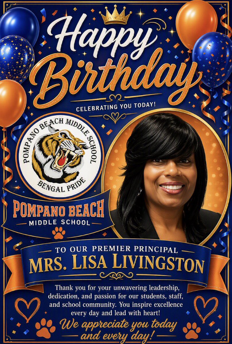 PBMSNation's tweet photo. Join us in wishing a special happy birthday to our fearless leader, our Premier Principal, Mrs. Livingston! Although you’re the birthday (girl), you’ve truly given US the gift of YOU! 💙🧡🎉 Your Pompano Beach Middle School family loves you! @pbmsprincipalLL https://t.co/s5e1TffYx6