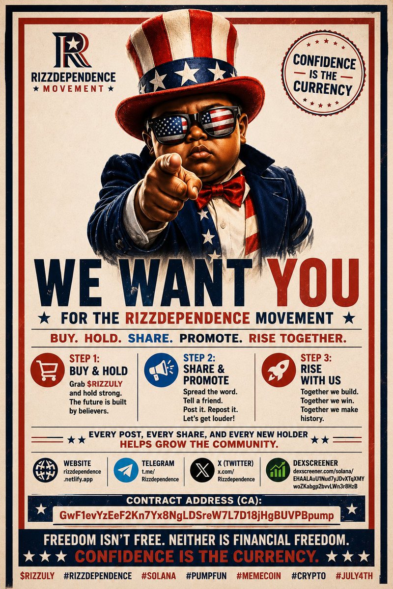 Rizzdependence's tweet photo. 🇺🇸 WE WANT YOU. 🇺🇸

Not to enlist.

Not to follow the crowd.

We want YOU to help build the Rizzdependence movement.

Every holder matters.
Every repost matters.
Every conversation matters.

This 4th of July, celebrate the freedom to build something together from day one.

If you believe community is stronger than hype...
If you believe confidence creates opportunity...
Then you're already one of us.

🪙 Buy. Hold. Build.

🌐 Website
https://t.co/GjL8CQZjKY

💬 Telegram
https://t.co/NnaxbY42n1

𝕏 X
https://t.co/Y0ZSBDMUv1

📈 DexScreener
https://t.co/HP9dG83fVD

📜 Contract
GwF1evYzEeF2Kn7Yx8NgLDSreW7L7D18jHgBUVPBpump

🇺🇸 Confidence is the Currency.

Happy Independence Day from the Rizzdependence community.

@solana @JupiterExchange @phantom @CoinGecko @GeckoTerminal

$RIZZULY #Rizzdependence #July4th #IndependenceDay #Solana #Crypto #Memecoin