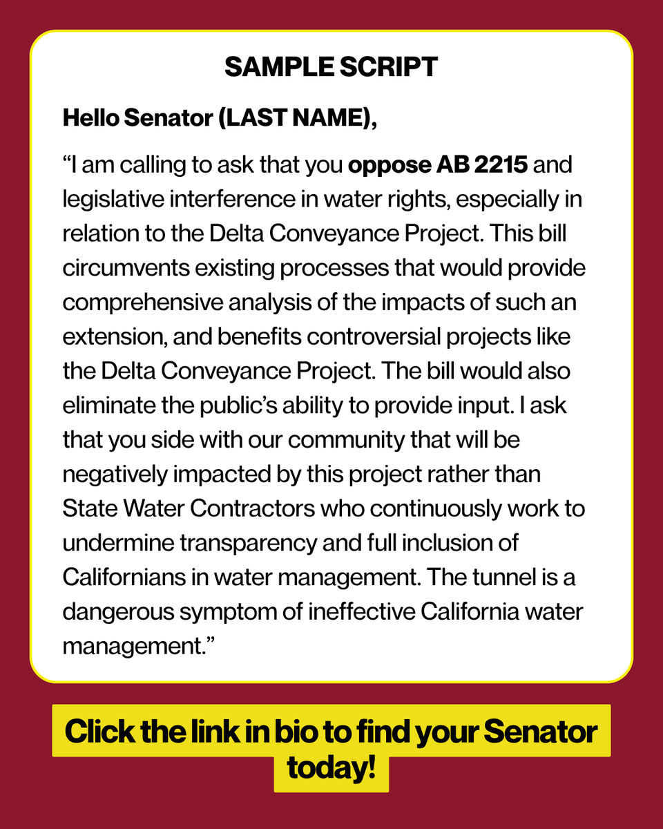 RestoretheDelta's tweet photo. If passed, it would bypass existing processes designed to evaluate environmental impacts, protect public trust, Tribal and environmental justice communities, and the Delta ecosystem. 

👇 Find/call your Senator TODAY to urge them to OPPOSE AB 2215.  

🔗https://t.co/OUQJLhNnMi https://t.co/BBvOnxl5NS