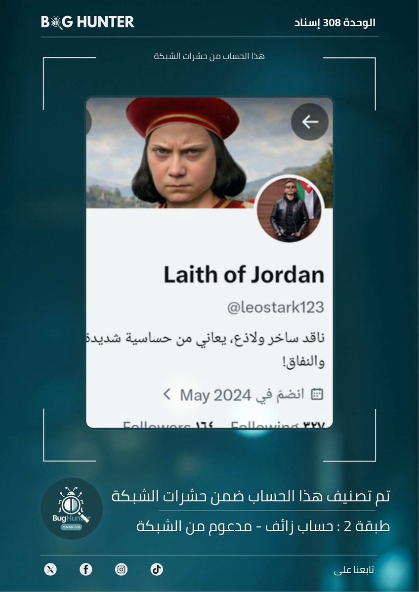 monaegn's tweet photo. أداة التحليل و كشف اللجان @bughunter_App أظهرت ان هذا الحساب زائف (طبقة 2- #ذباب_إلكتروني)
ولديه نمط متكرر في المحتوى :
تبني أجندة الوحدة 8200+ترويج رواية العدو+ بروباغندا موجهة
للحفاظ على مساحة رقمية أكثر أمنا و مصداقية نوصي بالابلاغ عن الحساب
https://t.co/UfDRoobFBU https://t.co/2pU6P2VCZA