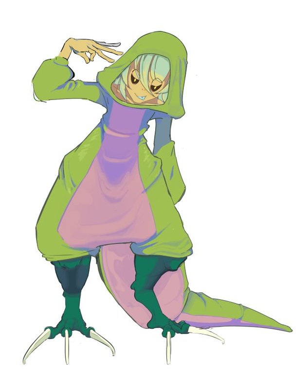 WitDaBlizzard's tweet photo. Besillier - "To torment" 
A rather large hybrid lizard woman who wears an even larger Dino onesie. Produces a large amount of body heat.

Despite her high rank and ability to produce results in battle, she's incredibly lazy.

Part of NOVA's INFILTRATION Division. https://t.co/T4Cdqv1RLn